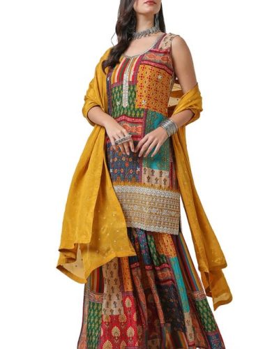 Mustard Tile Print Chinon Suit Set with Dupatta