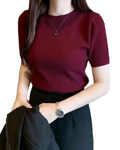 Plain Round Neck Rib Knit Regular Top for Women