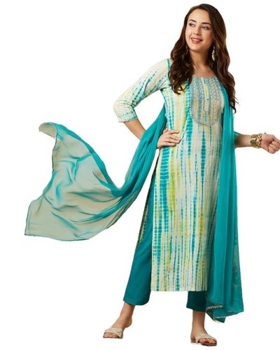 Women's Cotton Blend Straight  Kurta with Pant & Dupatta