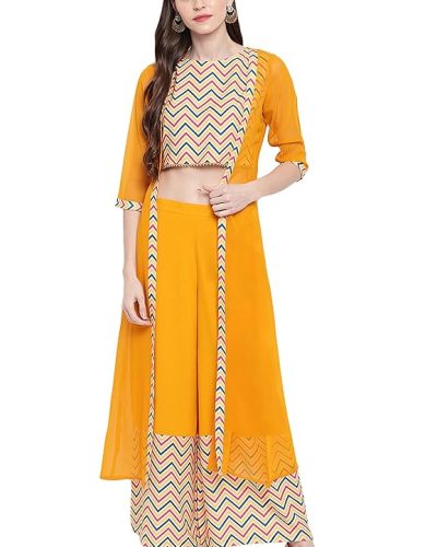 Women’s Yellow Zig Zag Crop Top with Palazzo and Jacket