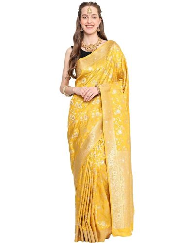Banarasi Luxurious Bright yellow flower design Saree