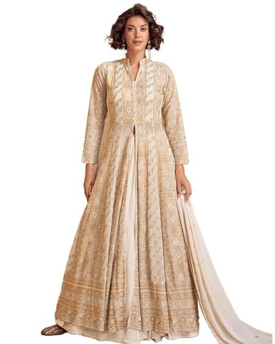 Women's Off White Chinon Stitched Top With Bottom and Dupatta Full Sleeve Embroidered Lehenga Set