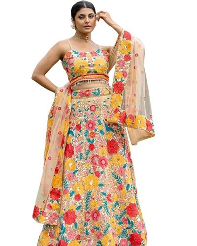 Women's Georgette Semi Stitched Lehenga Choli With Dupatta | Thread And Sequin Embroidery Pattern